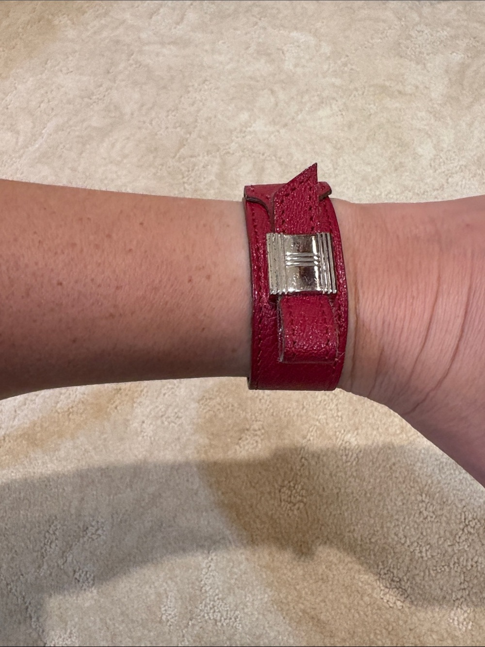 Hermes Red Leather Bracelet with Silver-Tone Clasp
